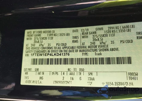 2020 Ford F-150 Xlt из США, поврежденный, VIN 1FTEW1EP4LKD41376